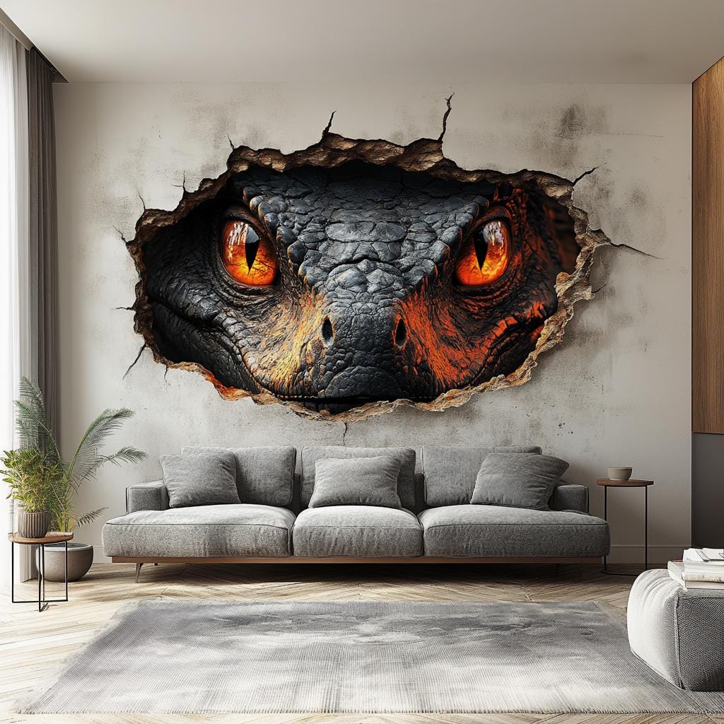 3D Fiery Dragon Wall Mural | Dragon Eyes Cracked Wall Sticker | Fantasy Wall Art Living Room | Kids Room Decor | Large Dragon Wall Decal
