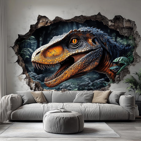 3D dinosaur wall mural featuring a fierce raptor bursting through a cracked wall in a lush jungle setting.