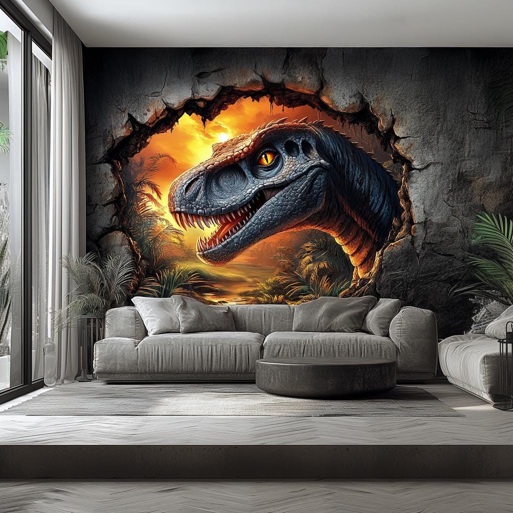3D Dinosaur Wall Mural | Raptor Cracked Wall Decal | Sunset Jurassic Wall Art | Kids Room Dinosaur Decor | Prehistoric Dinosaur Wall Sticker