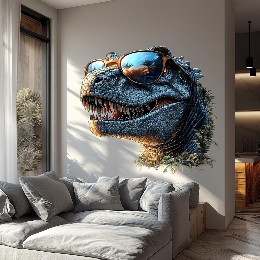 Dinosaur Wall Decal with Sunglasses | 3D Cool Raptor Art | Fun Jurassic Room Decor | Dinosaur Sticker for Kids & Adults | Trendy Wall Art