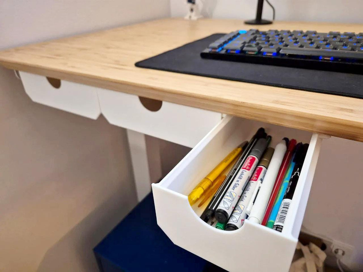 Under desk drawer organizer with office supplies; hidden storage solution for a clutter-free workspace.