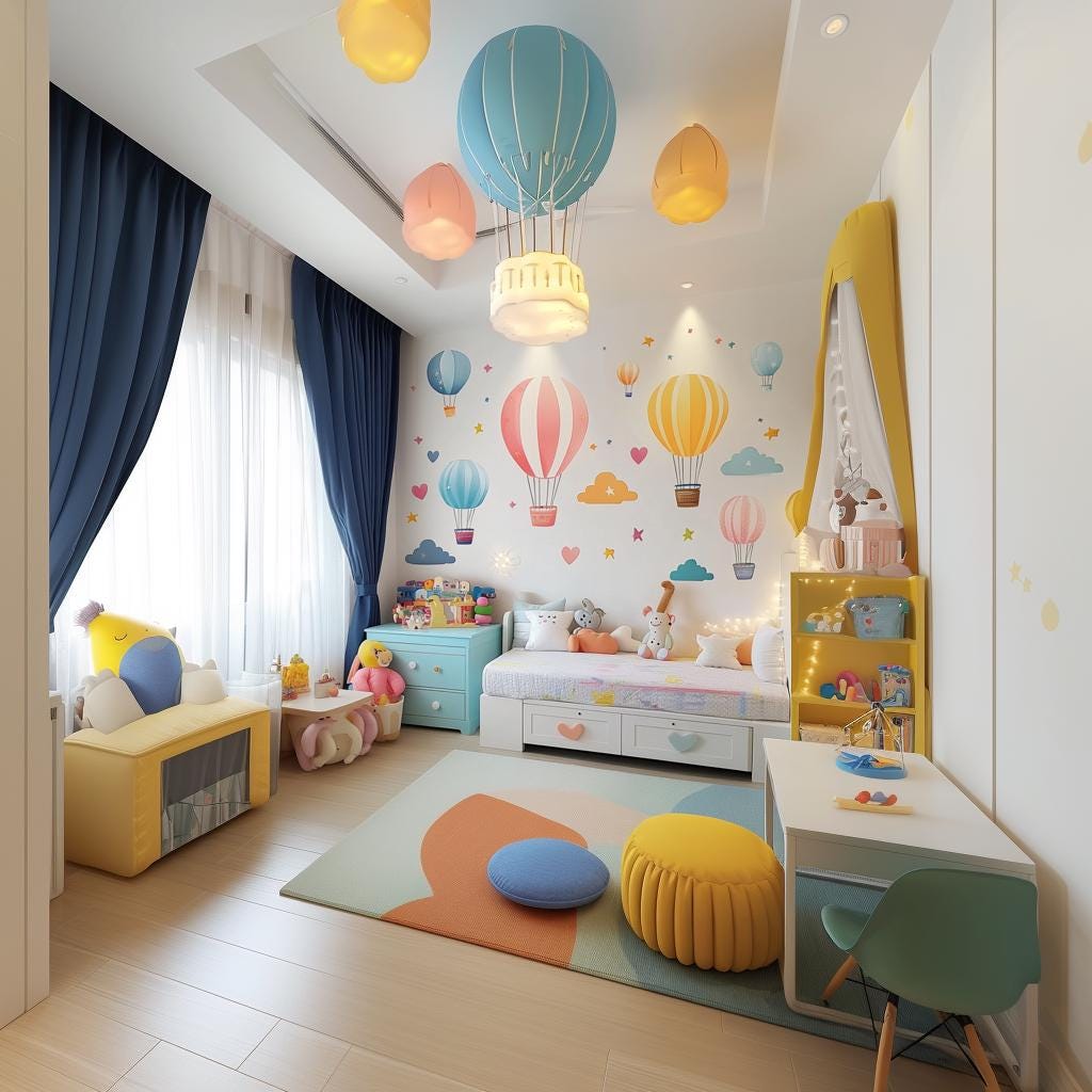Bright children's room featuring colorful hot air balloon wall decals, cozy bedding, and playful decor.