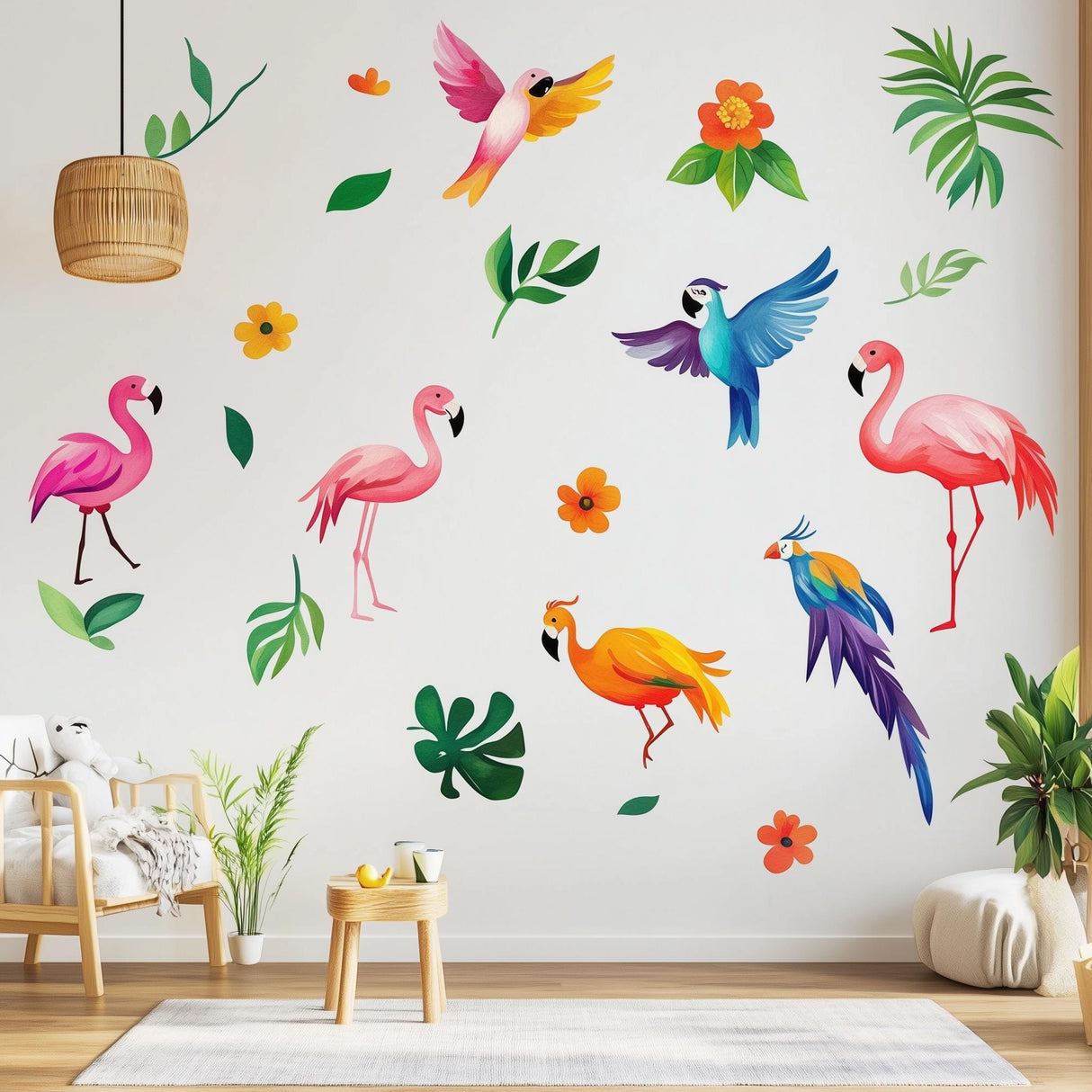 Colorful tropical bird wall decals featuring flamingos and parrots, perfect for kids' rooms and nursery decor.