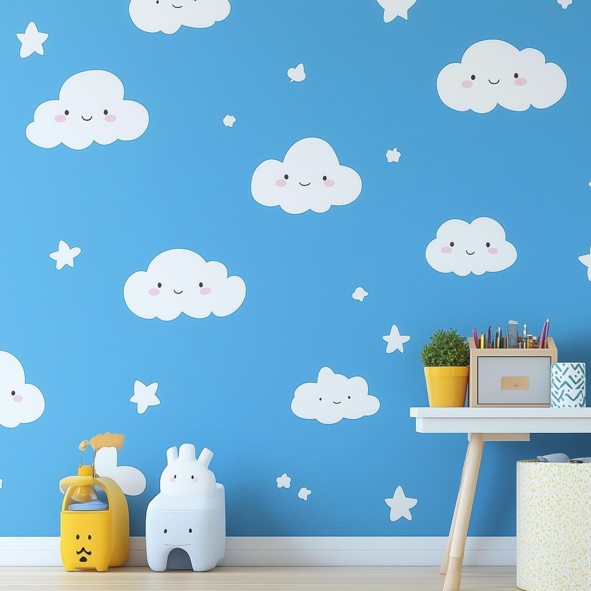 Cute children's room with smiling cloud wall decals and stars on a blue background, brightening the space.