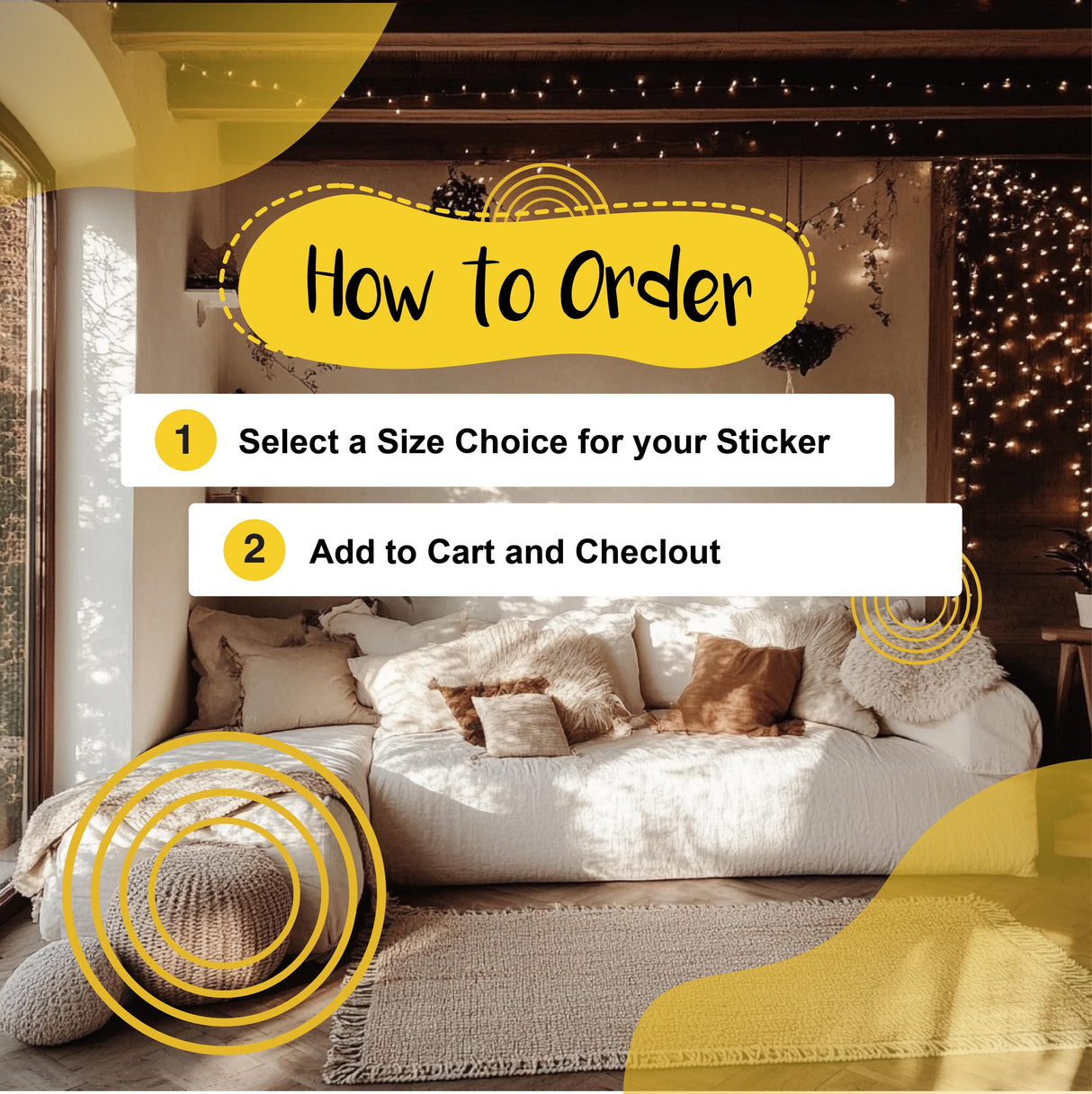 Infographic on how to order a wall sticker, featuring size selection and checkout steps, with a cozy living room backdrop.