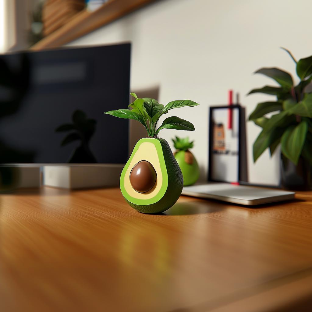 Cute avocado plant pot with a small green plant, perfect for desk decor and indoor succulents.