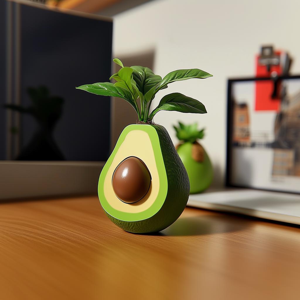Cute avocado-shaped plant pot with green leaves on a desk, ideal for indoor succulents and quirky home decor.