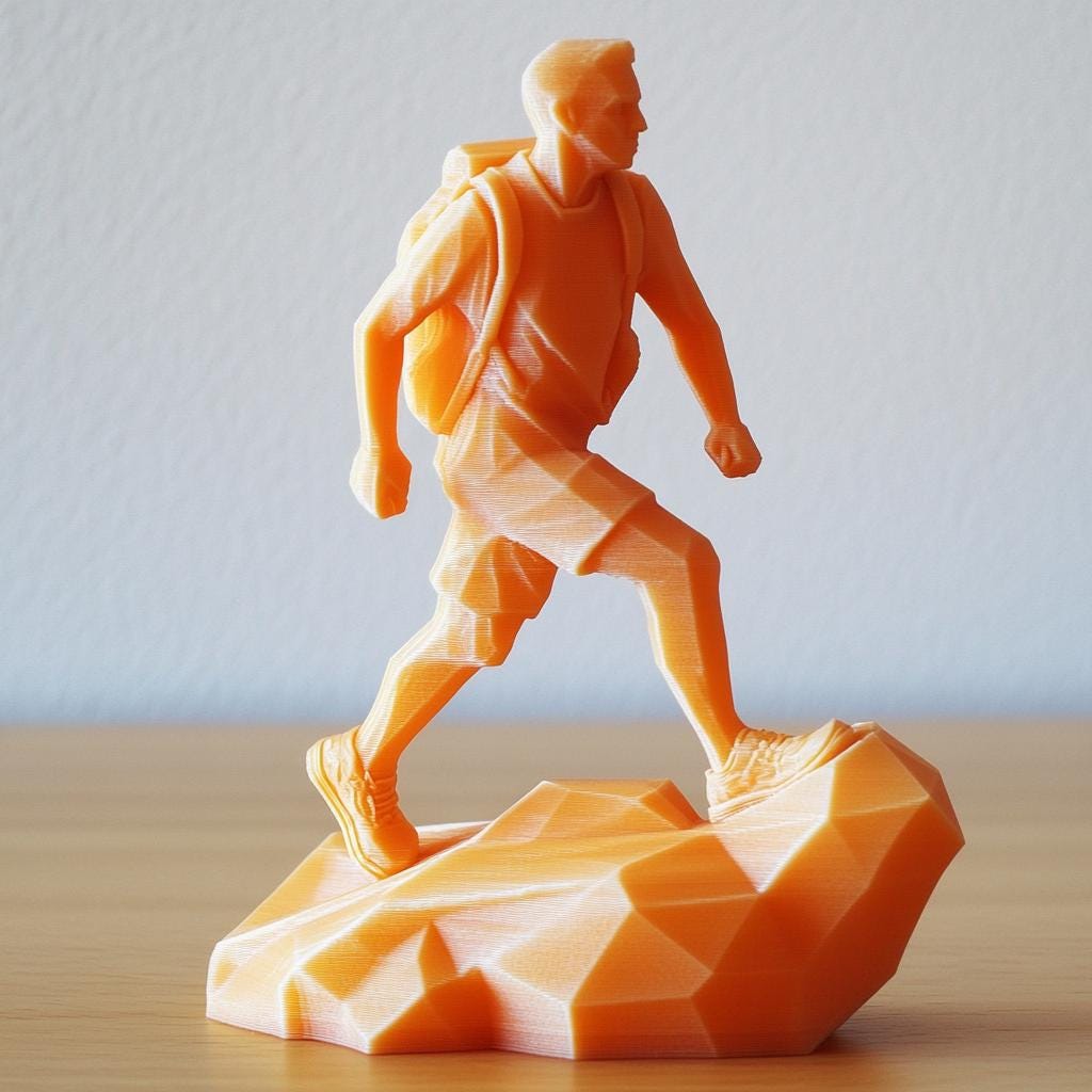 Custom 3D printed figure of a hiker on a rocky base, showcasing vibrant orange color and detailed design.