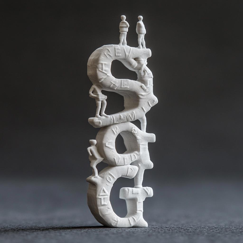 3D printed sculpture of the letters S, O, and G with miniature figures on top, showcasing unique design and craftsmanship.