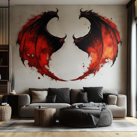 Dragon wing wall sticker in fiery red and black, creating a dramatic mural for living rooms and game rooms.