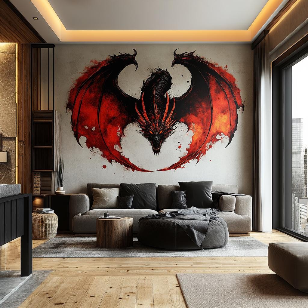 Fiery Dragon Wall Sticker | Bold Red Black Fantasy Wall Art Decal | Mythical Mural Decor for Living Rooms Game Room | Removable Vinyl Decals