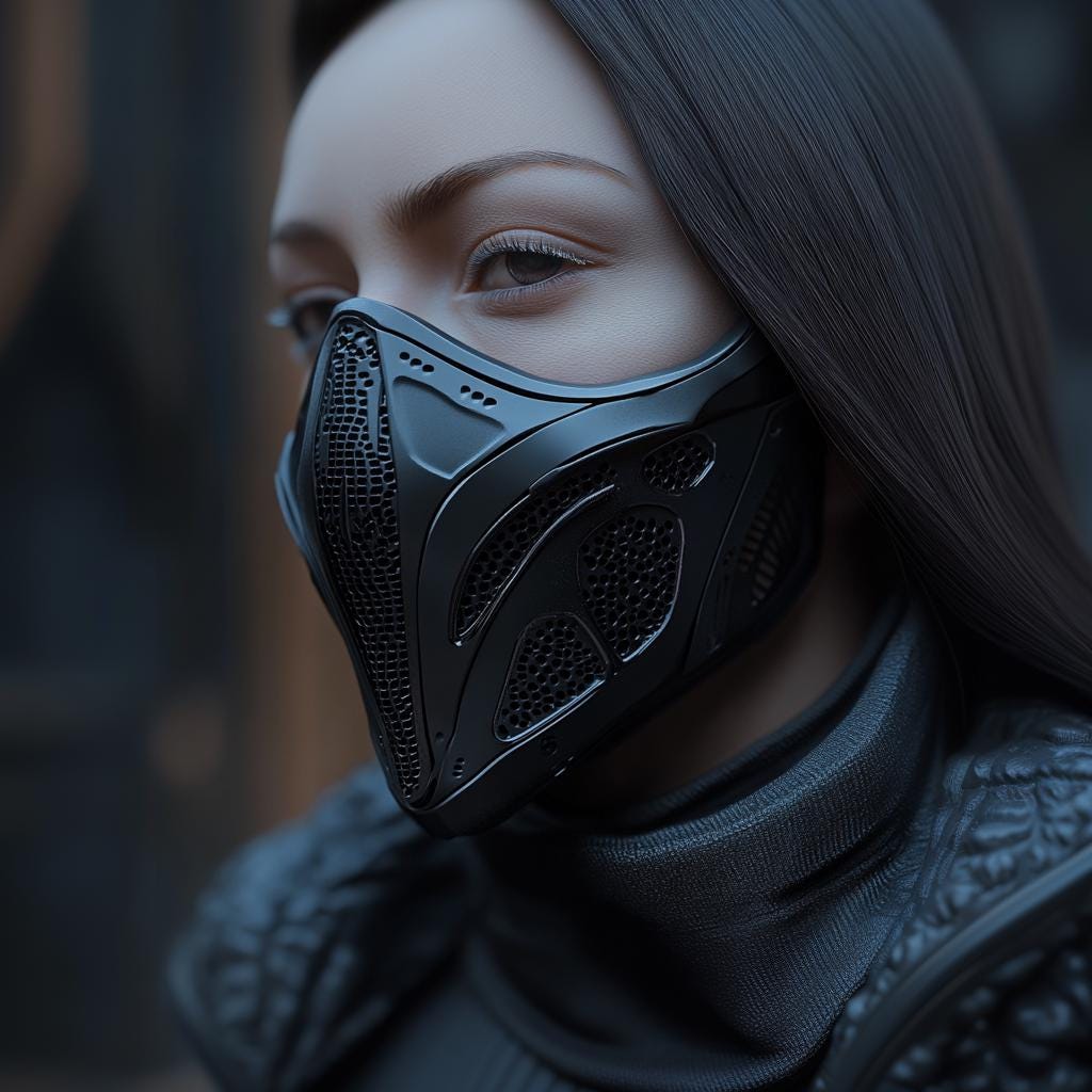 Close-up of a woman wearing a 3D-printed black cyberpunk mask, ideal for tactical cosplay and sci-fi themes.