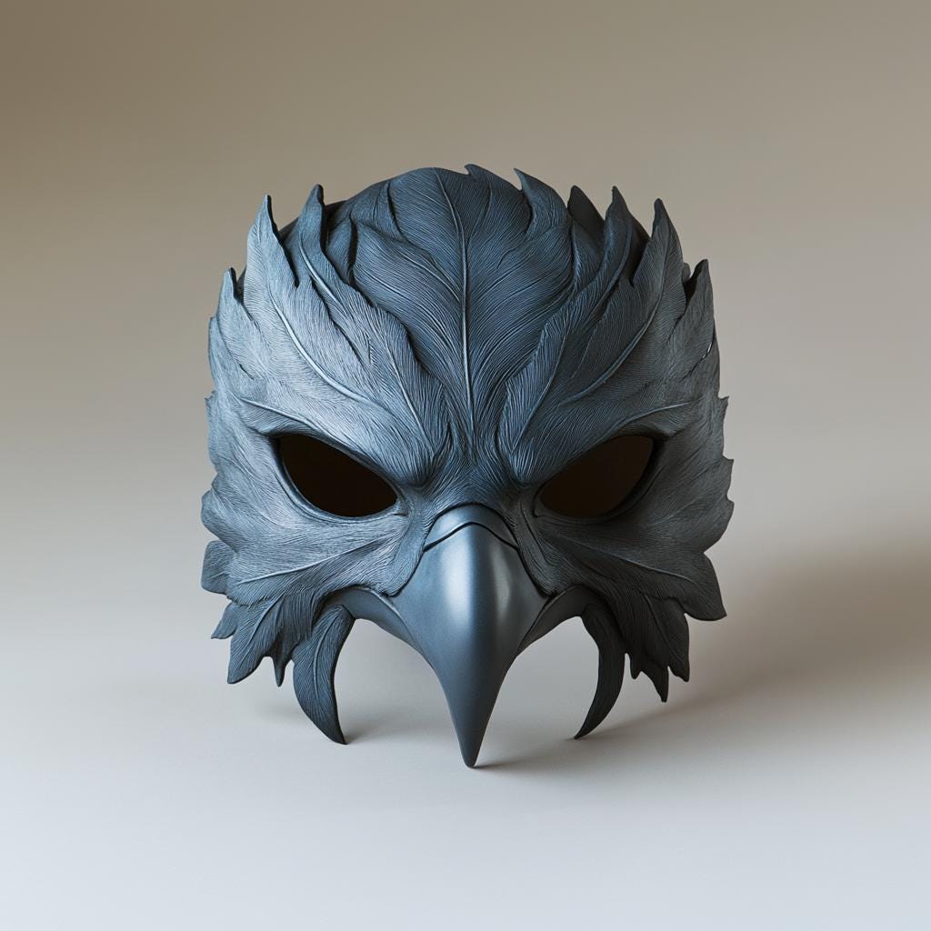 3D-printed raven mask with feathered texture and aggressive beak for cosplay and Halloween.