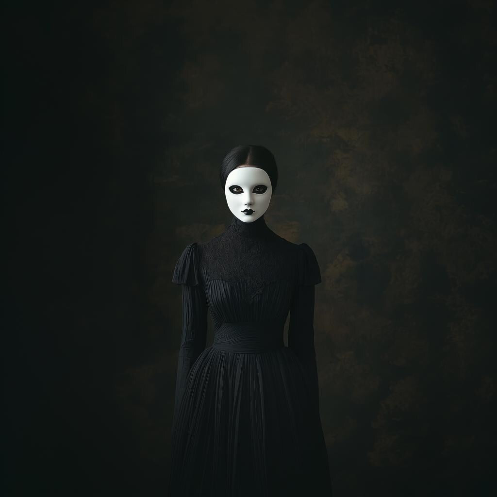 Gothic phantom mask worn by a figure in a dark Victorian dress, embodying elegance and mystery.