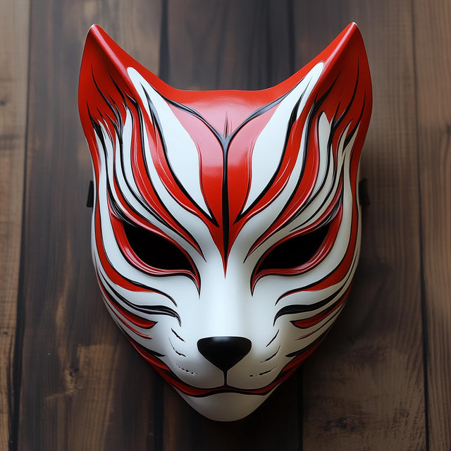 3D printed Japanese fox warrior mask with bold red and white design, ideal for cosplay and Halloween.