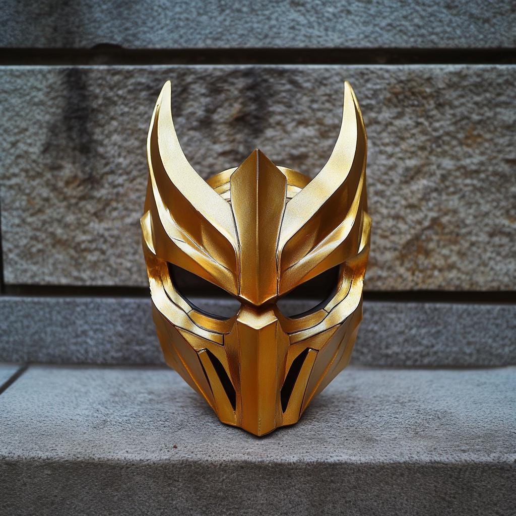 Gold samurai demon mask, 3D printed fantasy armor for cosplay and medieval events.