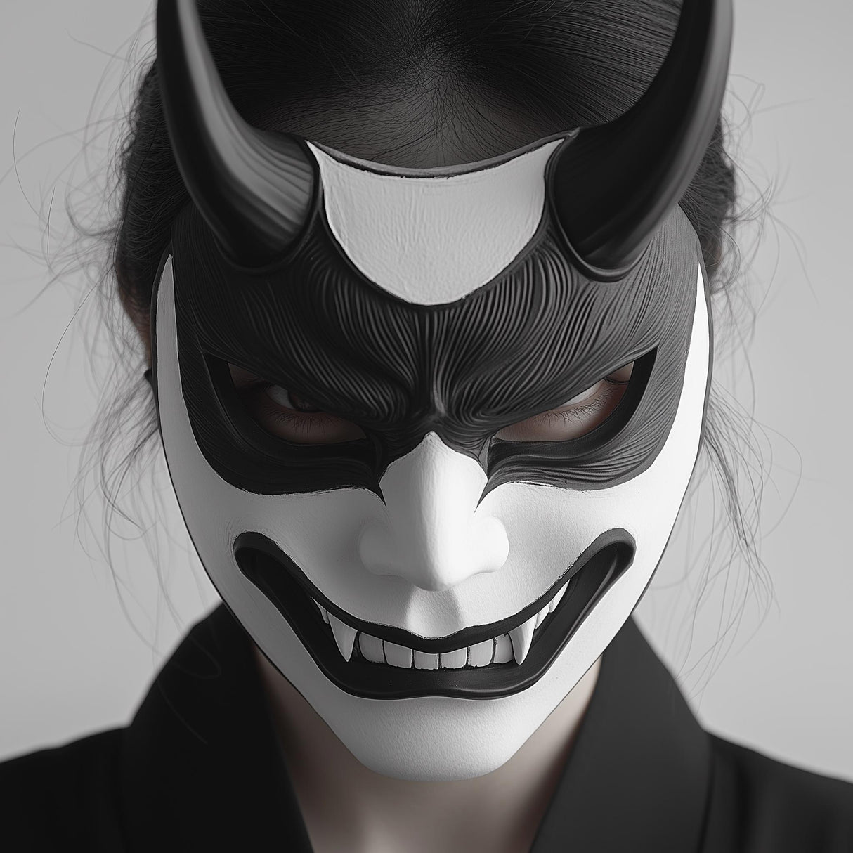 3D-printed Oni mask showcasing intricate design, ideal for cosplay, Halloween, and traditional Japanese performances.