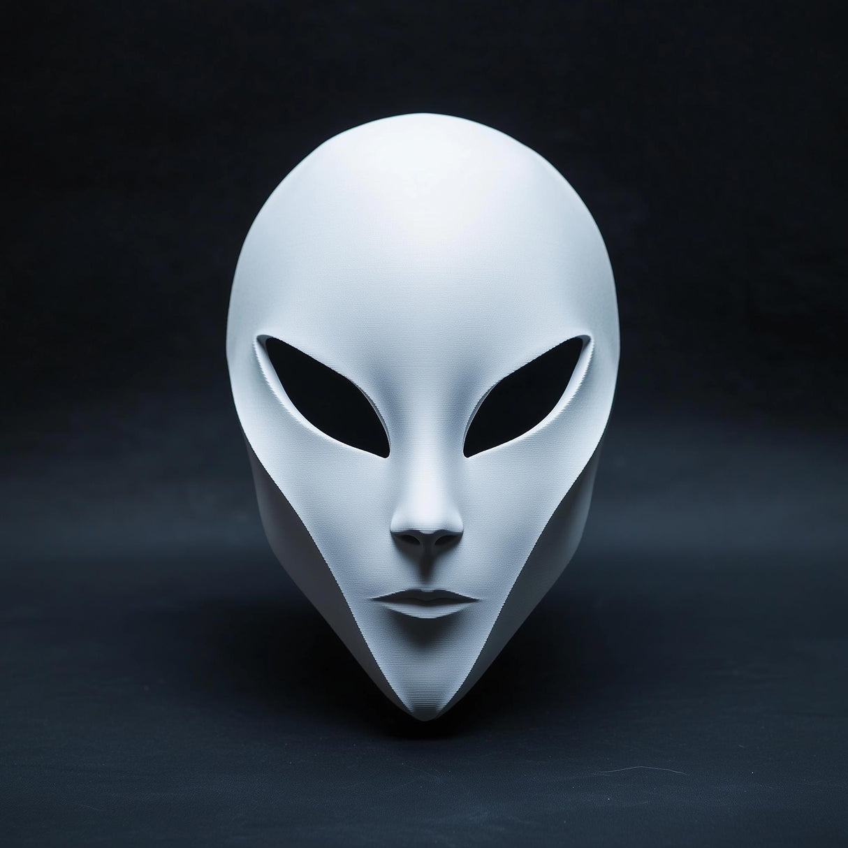 3D-printed alien mask with minimalist design for sci-fi cosplay and horror themed costumes.