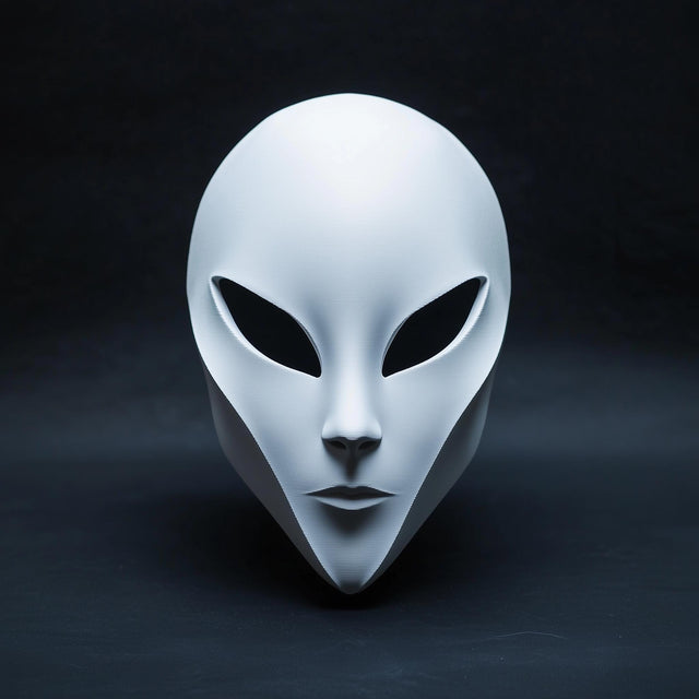 3D-printed alien mask with minimalist design for sci-fi cosplay and horror themed costumes.