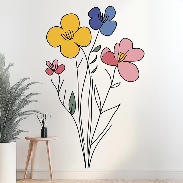 Minimalist floral wall decal with colorful flowers in yellow, blue, and pink, enhancing modern room decor.