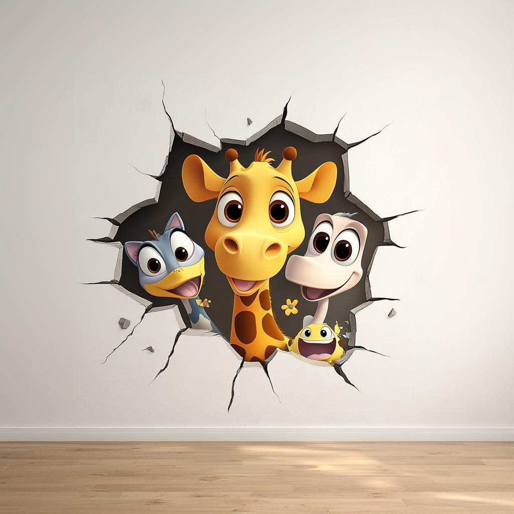 3D Cartoon Animal Wall Decal | Kids Room Vinyl Sticker | Giraffe Friends Peek Through Wall | Playful Nursery Decor | Fun Jungle Theme Mural