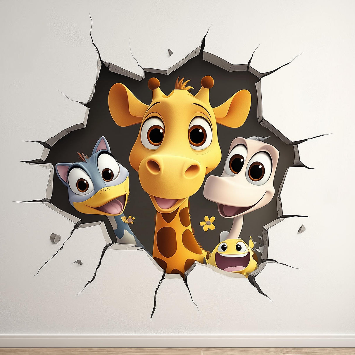 3D Cartoon Animal Wall Decal | Kids Room Vinyl Sticker | Giraffe Friends Peek Through Wall | Playful Nursery Decor | Fun Jungle Theme Mural