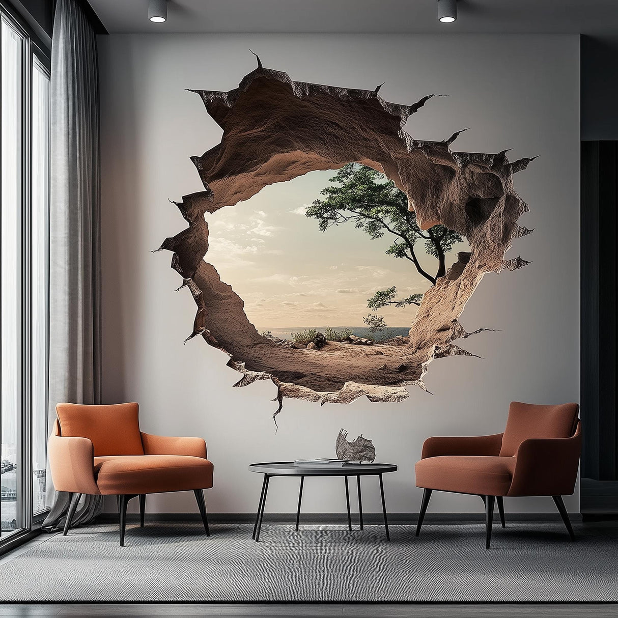 3D Cracked Wall Decal | Realistic Nature View Wall Sticker | Optical Illusion Vinyl Mural | Large Peel Stick Landscape Decor Modern Wall Art