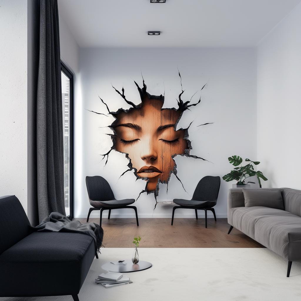 3D Cracked Wall Face Decal | Surreal Optical Illusion Wall Art | Realistic Vinyl Mural | Modern Home Decor | Large Peel & Stick Sticker