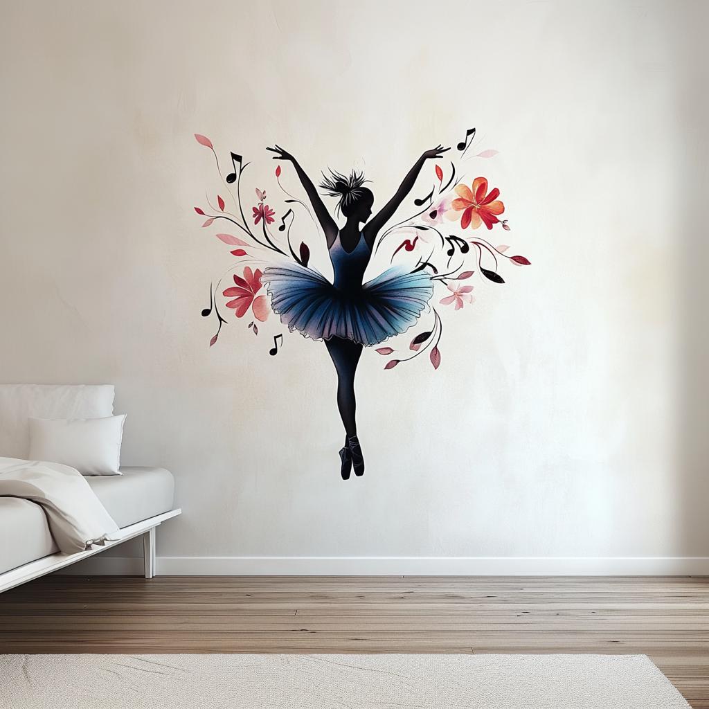 Elegant ballerina wall decal in motion with floral accents and musical notes, perfect for girls' bedrooms and ballet studios.