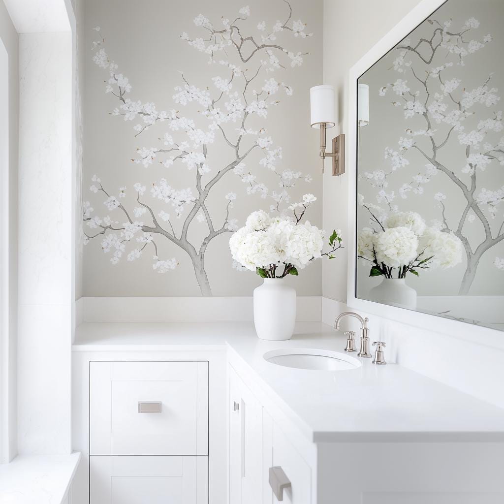 Chinoiserie tree wall decal in light gray bathroom with flowers and modern sink and mirror.