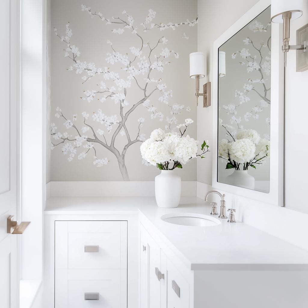 Chinoiserie Tree Wall Decal | Elegant Floral Vinyl Mural | Light Gray Blooming Branch Sticker | Classic Bathroom & Bedroom Decor