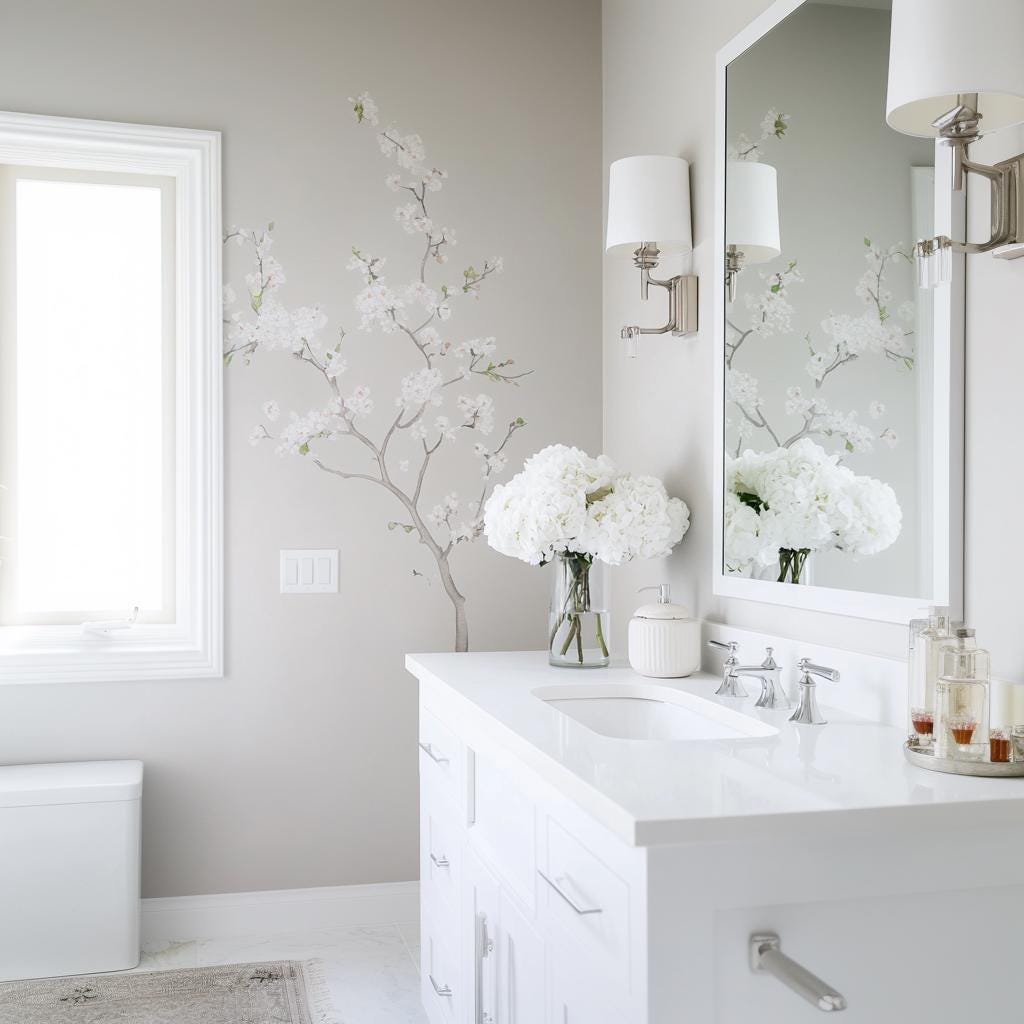 Elegant bathroom featuring Chinoiserie blossom wall decal and white floral arrangement on vanity.