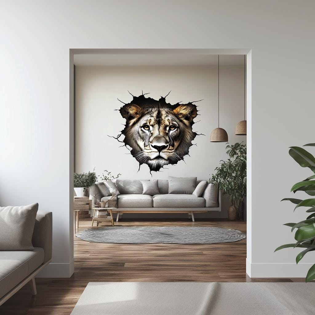 3D Lion Wall Decal | Realistic Cracked Wall Safari Mural | Wild Animal Vinyl Sticker | Living Room Office Statement Art | Peel & Stick