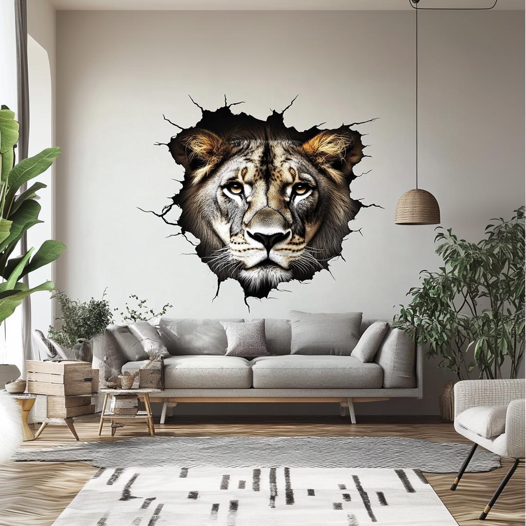 3D Lion Wall Decal | Realistic Cracked Wall Safari Mural | Wild Animal Vinyl Sticker | Living Room Office Statement Art | Peel & Stick
