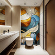 Modern abstract wall mural in a bathroom featuring geometric shapes in earthy and blue hues.
