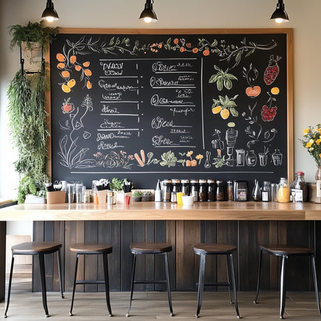 Chalkboard wall decor with colorful drawings of fruits and vegetables, above a wooden bar with stools.