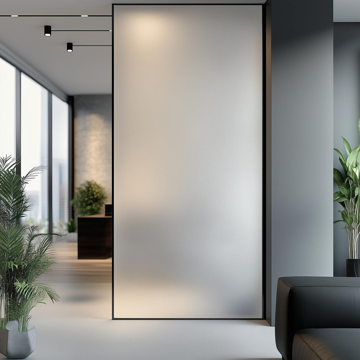 Modern office space featuring a frosted glass privacy sticker for a sleek look and privacy.