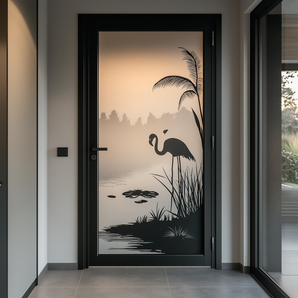 Flamingo frosted glass door sticker featuring a nature scene with palm trees and water reflection.