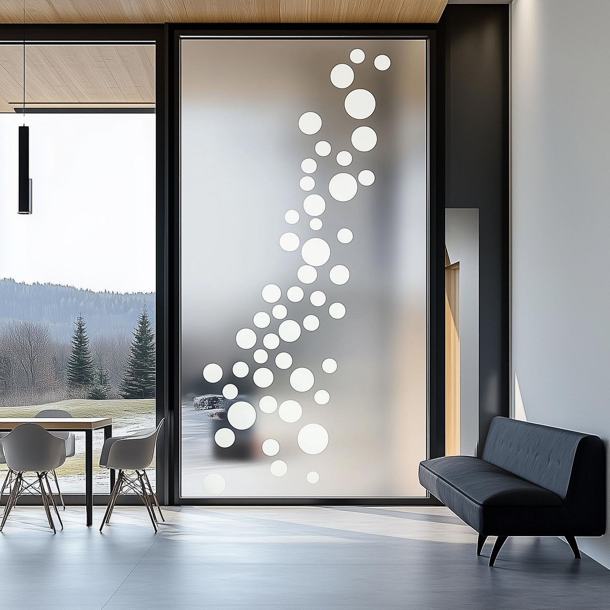 Modern bubble frosted glass privacy sticker with white circles on a sleek window in a stylish interior.