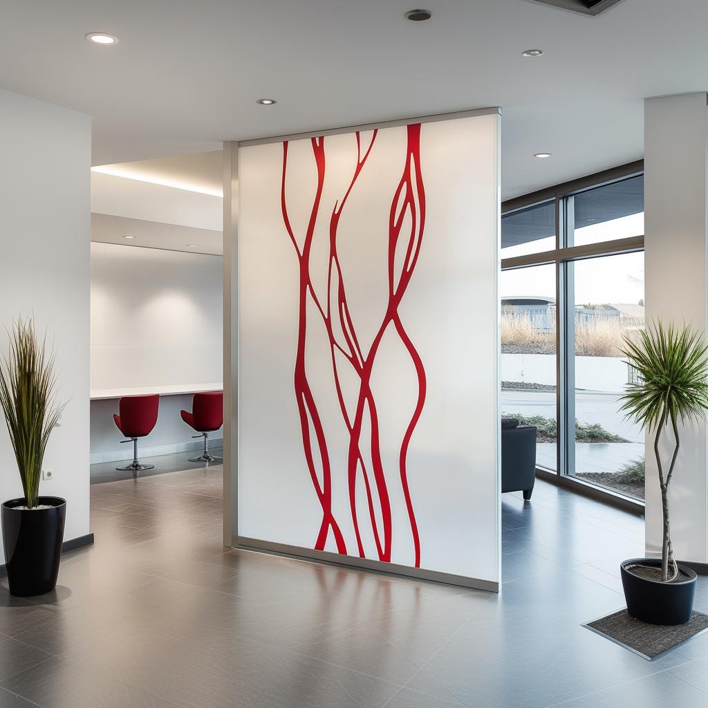 Modern abstract line frosted glass sticker in office space, adding privacy and style to the environment.