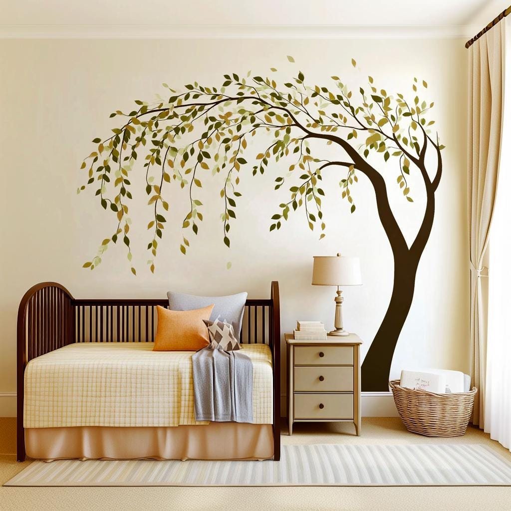 Weeping willow tree wall sticker in a nursery, featuring cascading leaves and a calming atmosphere.