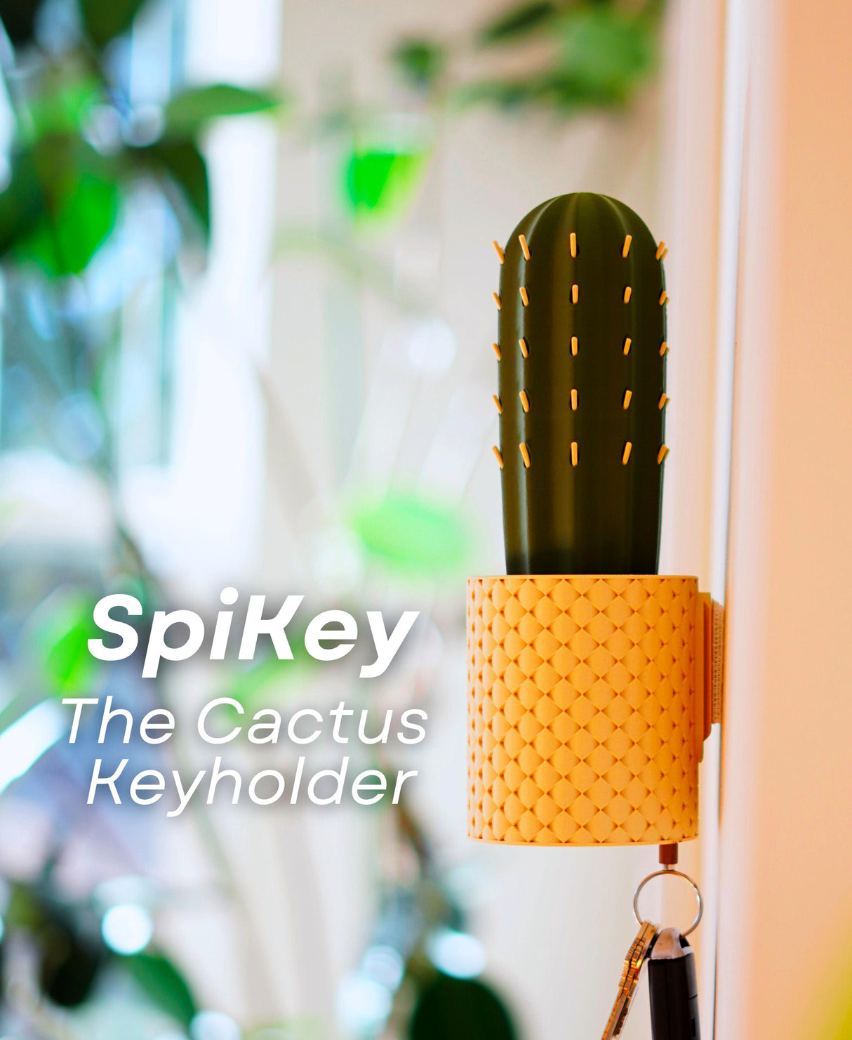 SpiKey cactus key holder mounted on wall for fun, interactive key storage and unique home decor.