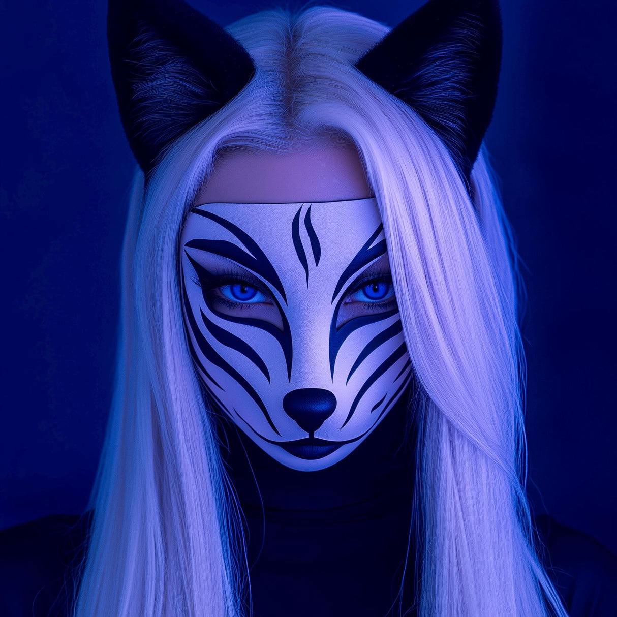 3D printed Kitsune mask with striking blue eyes and long white hair, inspired by Japanese folklore and anime aesthetics.