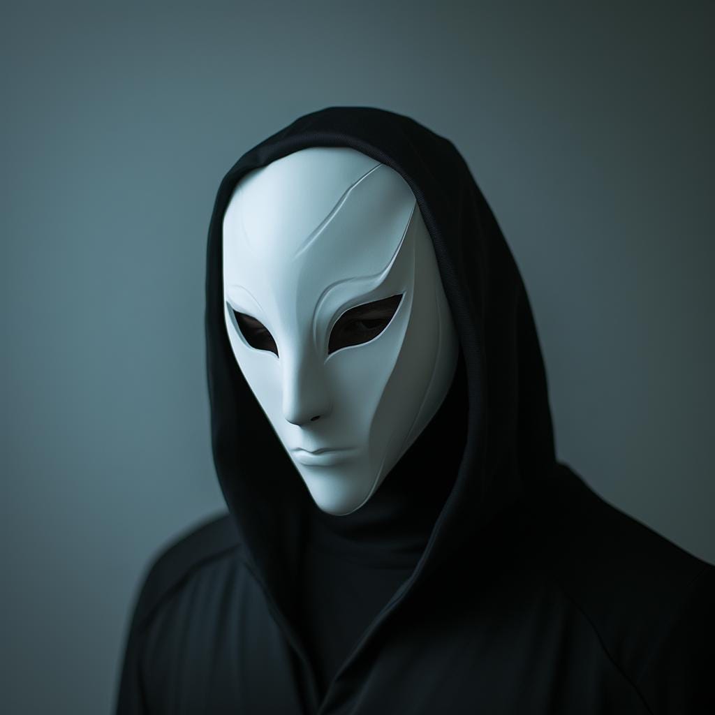 3D-printed phantom assassin mask worn by a person in a dark hood, showcasing a sleek and futuristic design.