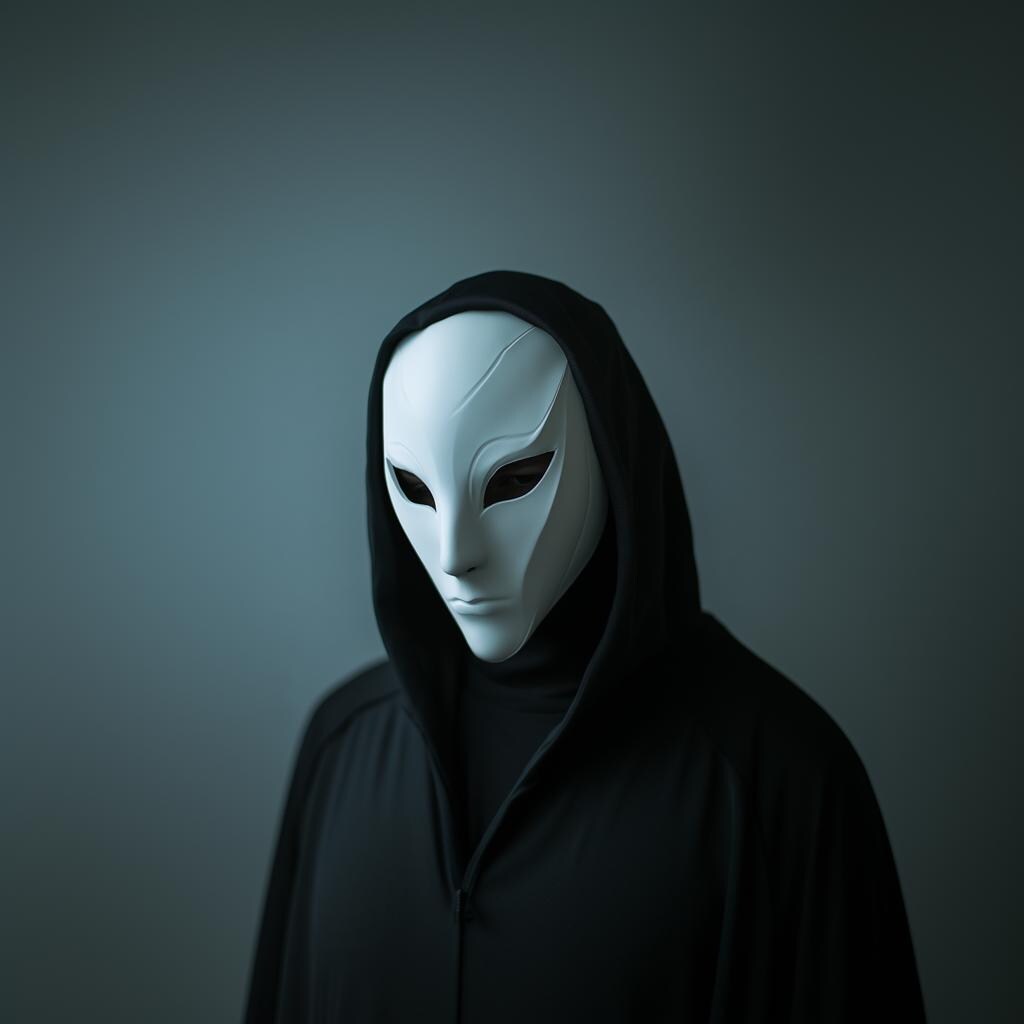 3D-printed phantom assassin mask worn by a figure in a black cloak, exuding a mysterious and futuristic vibe.