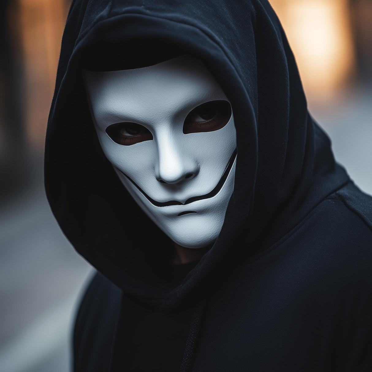 Smiling phantom mask worn by person in black hoodie, perfect for Halloween cosplay or sinister performances.