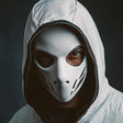 Tactical skull mask with a hooded figure in a dark setting, ideal for cosplay, Halloween, or airsoft.