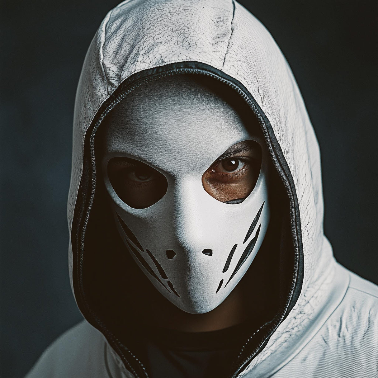 Tactical skull mask with a hooded figure in a dark setting, ideal for cosplay, Halloween, or airsoft.