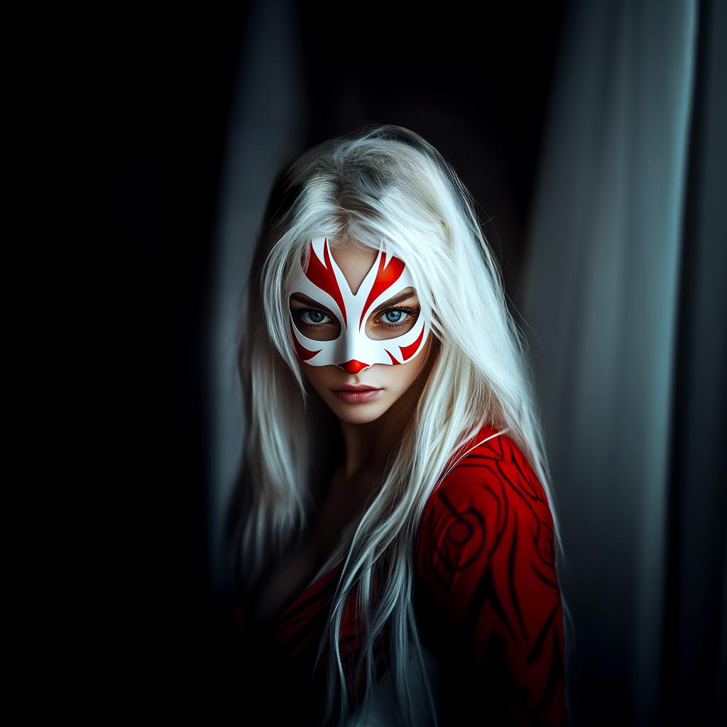 Model wearing a white and red Kitsune half-mask with long silver hair, inspired by Japanese folklore and anime.