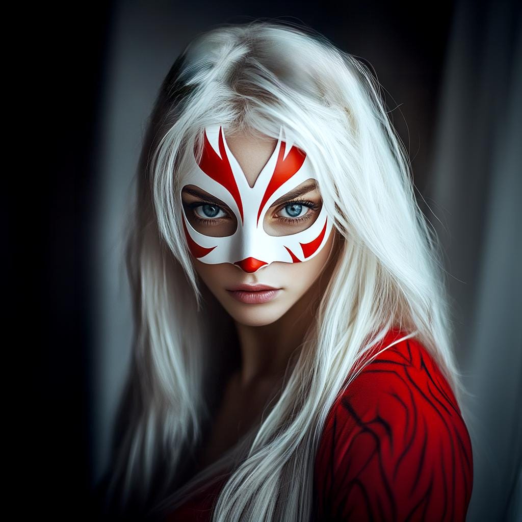 Woman wearing a red and white Kitsune mask, showcasing anime-inspired design for cosplay or festivals.